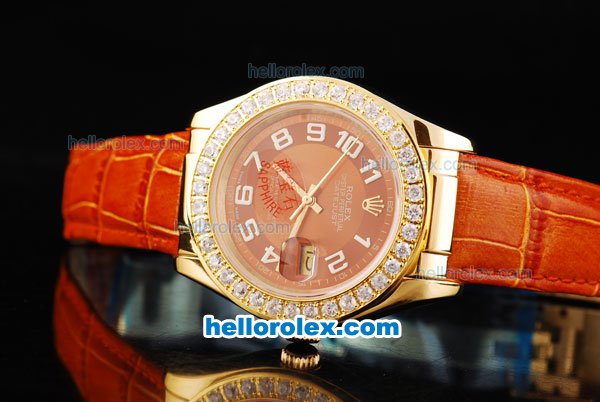 Rolex Datejust Oyster Perpetual Automatic Movement RG Case with Orange Dial and Numeral Marker-Diamond Bezel - Click Image to Close